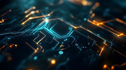 Poster - Abstract Circuit Board with Glowing Blue and Orange Lines
