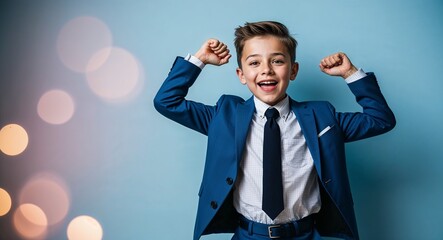 Wall Mural - Young Caucasian boy in a tailored suit posing enthusiastically against a light blue background