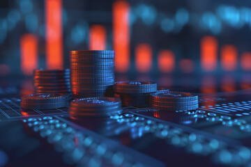 Poster - Blue financial graphs and charts with coins show business growth and investment market profits.