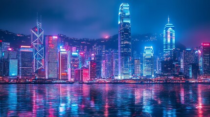 Leinwandbilder - Smart network and Connection technology concept Hong Kong digital city background at night in victoria harbour Cyberpunk color style Panorama view : Generative AI