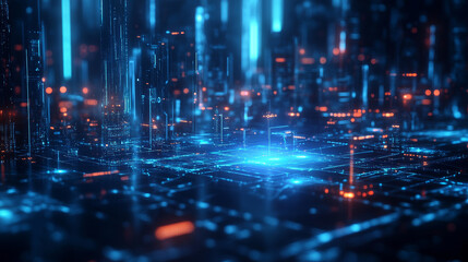 Poster - a futuristic city with a digital network, glowing blue lines connecting everything. it shows the ide