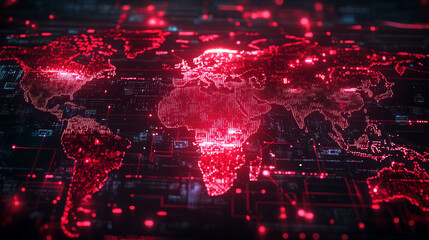 Poster - A futuristic digital map with glowing red lights against a dark background.  This design is perfect for websites, presentations, or other tech-related projects.