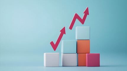 cubos de madera de colores simulando una grafica en crecimiento con flechas hacia arriba exito en los negocios aumento en las ventas estrategias de ventas