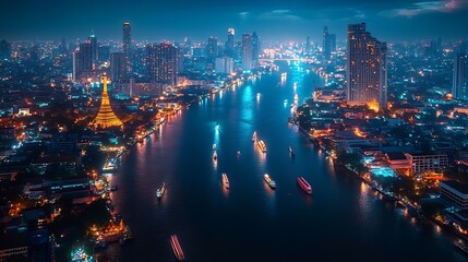 Wall Mural - Smart network and Connection technology concept with Bangkok city background at night in Thailand Panorama view : Generative AI