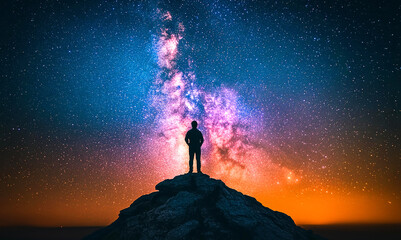Wall Mural - Man admiring night sky, beautiful Milky Way and human silhouette