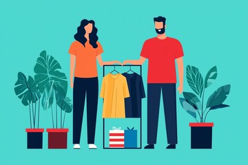 A vibrant illustration of a couple shopping with colorful clothes and plants, perfect for retail or lifestyle themes.