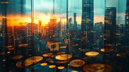 Poster - Double exposure of city and rows of coins with stock and financial graph on virtual screen Business Investment concept : Generative AI