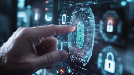 Poster - A businessman uses his finger to unlock a futuristic device. The screen shows a fingerprint scanner, a padlock, and technology icons. This system uses artificial intelligence to secure access.