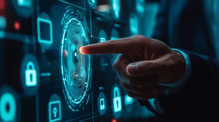 Poster - A businessman uses his finger to unlock a futuristic device. The screen shows a fingerprint scanner, a padlock, and technology icons. This system uses artificial intelligence to secure access.