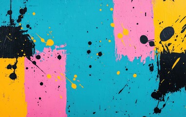 Poster - Vibrant abstract art with splashes of pink, yellow, black, and turquoise creating a lively and energetic visual impact.