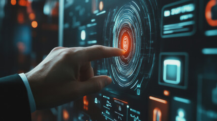 Poster - A businessman uses his finger to unlock a futuristic device. The screen shows a fingerprint scanner, a padlock, and technology icons. This system uses artificial intelligence to secure access.