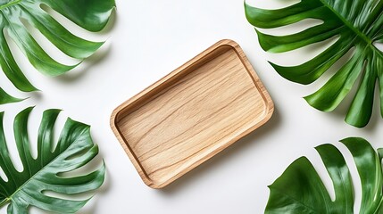 Poster - Tropical summer stationery mockup scene Blank business card wooden tray green monstera leaf isolated on white table background Summer branding styled photo web banner Flat lay top view : Generative AI