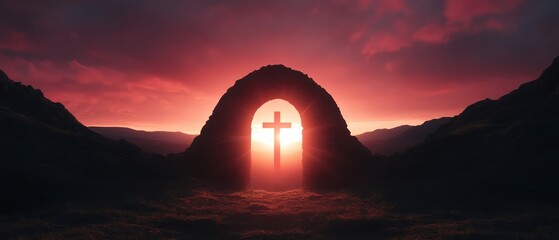 A stunning sunrise illuminating a cross within a stone arch, symbolizing hope and spirituality in a serene landscape.