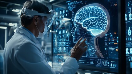 Poster - Doctor use robotic and innovative medical technology diagnose and examine patient brain with intelligence software AI Innovation medical healthcare and digital science technology in fu : Generative AI