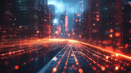Fototapete - Smart city and abstract polygon pattern connection with speed line light big data connection technology concept : Generative AI