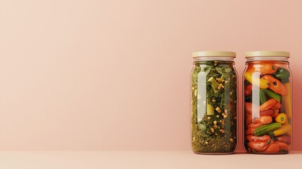 Two glass jars filled with colorful pickled vegetables on a soft pastel background, showcasing healthy food preservation.