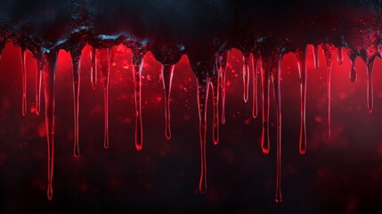 Wall Mural - Thick red liquid dripping down from the top of the image, with glossy reflections and a slightly translucent texture. The background is dark and ominous, adding a sense of horror and suspense