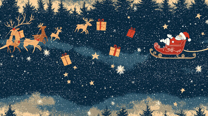 Create a repeating pattern of Santa Claus with his sleigh, flying across a starry night sky, with reindeer and presents trailing behind 