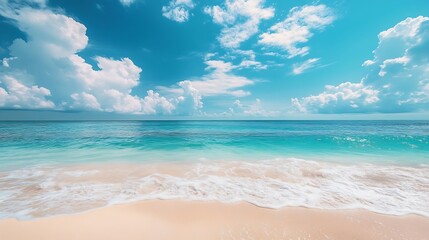 Poster - Beautiful beach with white sand turquoise ocean water and blue sky with clouds in sunny day Panoramic view Natural background for summer vacation : Generative AI