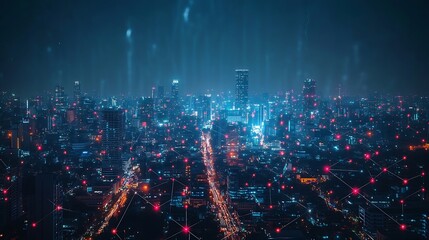 Fototapete - Smart city dot point connect with gradient line connection technology metaverse concept Bangkok Thailand night city banner with big data : Generative AI