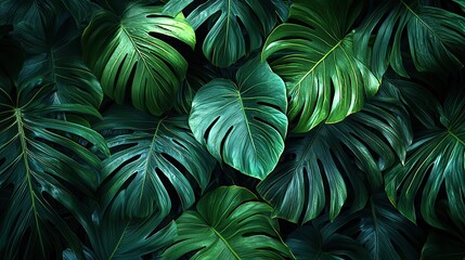 Wall Mural - Lush green tropical leaves in a natural pattern.