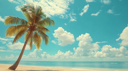Poster - Palm tree on tropical beach with blue sky and white clouds abstract background Copy space of summer vacation and business travel concept Vintage tone filter effect color style : Generative AI