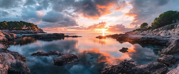 Wall Mural - Calm sea at sunset with colorful sky and rocky shore.