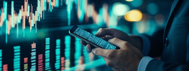Poster - Business professional analyzing stock market trends while using a smartphone in a modern office setting at night