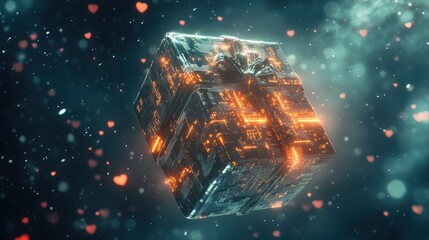 Wall Mural - Futuristic Glowing Cube Amidst Heart-Shaped Particles in Cosmic Space