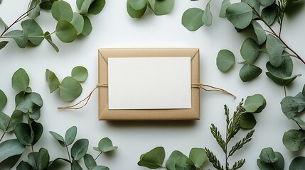 Aufkleber - Mockup invitation blank greeting card and green leaves eucalyptus Flat lay top view : Generative AI