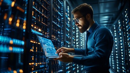 Aufkleber - Computer engineer working on laptop computer with server room data center big data storage as backgrounds digital technology database IT support telecommunication internet network tech : Generative AI