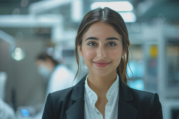 Poster - Close-up a young South Asian woman in black suit smiles warmly, happy at work.