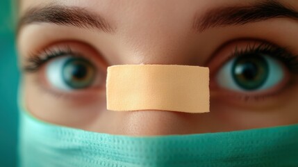 Canvas Print - A woman with a bandage on her nose and tape over the eye, AI