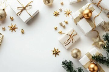 Christmas gifts with golden decorations on white background, festive holiday theme with ornaments and decorations