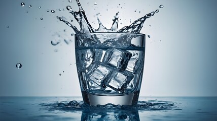 one glass of water isolated object with splash from falling ice cube with white background, water.