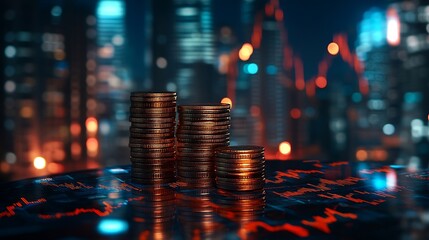 Aufkleber - Double exposure of coins stack with graph chart and night cityscape Economic business financial and stock market growth concept : Generative AI