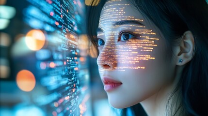 Aufkleber - Portrait of Asian Female Startup Digital Entrepreneur Working on Computer Line of Code Projected on Her Face and Reflecting Software Developer Working on Innovative eCommerce App using : Generative AI