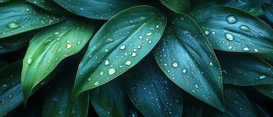 Wall Mural - Close-up of lush green leaves covered in raindrops.