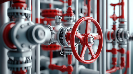 Wall Mural - A close-up image shows industrial pipes and valves,  with red wheels set against a white background. This is a 3D design.