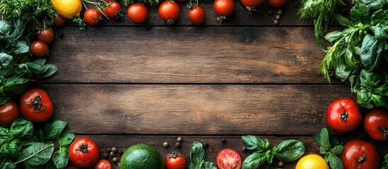 Wall Mural - Fresh Vegetables and Herbs on Wooden Background