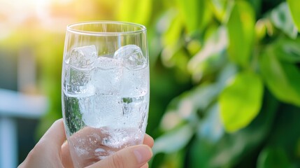 Poster - A person holding a glass of ice water with some leaves in the background, AI