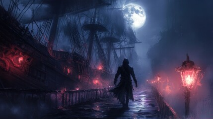 Wall Mural - A ghost pirate captain standing on the deck of a ghost ship, with tattered sails, glowing lanterns, and the full moon shining through the mist