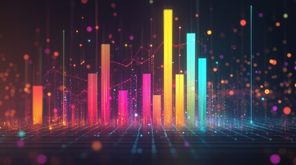 Poster - A 3D bar chart with gradient-colored bars growing from left to right, surrounded by digital particles and a grid-like background, illustrating business trends.