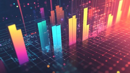 Poster - A 3D bar chart with gradient-colored bars growing from left to right, surrounded by digital particles and a grid-like background, illustrating business trends.