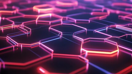 Wall Mural - A high-tech abstract design of interconnected neon-lit hexagons, creating a futuristic pattern of glowing lines and shapes in a sleek digital landscape