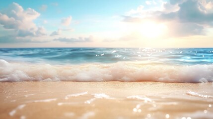 Poster - Abstract blur defocused background nature of tropical summer beach with rays of sun light Golden sand beach sea water against blue sky with white clouds Copy space summer vacation conc : Generative AI