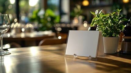 Poster - White label on the table Stand for acrylic tent card Used for Menu Bar and restaurant or put everything into it  mockup : Generative AI
