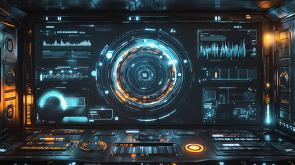 Poster - Modern, futuristic user interface elements designed for science fiction games. The abstract HUD includes circles for data visualizations.