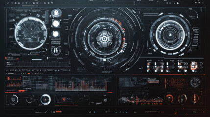 Poster - Modern, futuristic user interface elements designed for science fiction games. The abstract HUD includes circles for data visualizations.