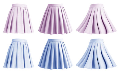 2 Set of pastel light blue purple short mini pleated A-line textured tennis flowy flare skirt, front side twirl view on transparent cutout, PNG. Many different angle. Mockup template for design